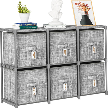 LUKYTOWER Cube Storage Organizer Shelf with Printed Bins + Labels, Cubby Storage Organizer with Bins, Large Capacity Shelves for Storage,Closet, Living Room, Dorm, Yarn (Grey, 6 Cube)