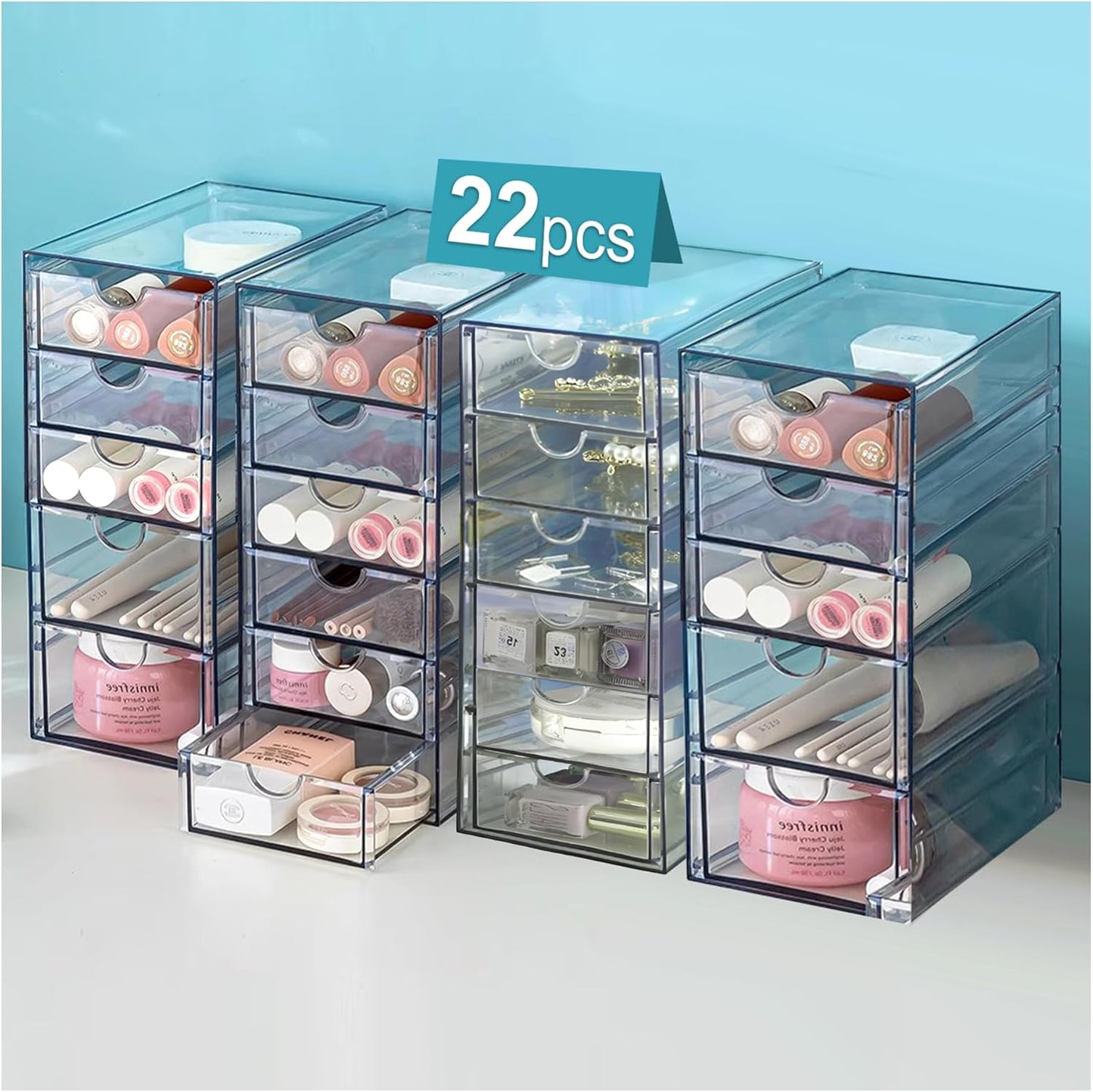 Acrylic Drawer Organizer with 22 Drawers, 4 Set Craft Organizers and Storage, Clear Storage Drawers, Desk Drawer Organizer for Vanity, Office Supplies, Jewelry, Pen