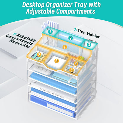 5 Tier Mesh Desk Organizer,Multi Functional Letter Paper Tray with 3 Pen Holders and 5 Adjustable Storage Compartments for Office Supplies Files and Mail Space Saving Desktop Organizer-Black