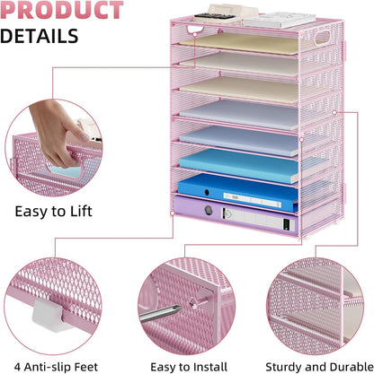 Marbrasse 6 Tier Paper Organizer Letter Tray - Mesh Desk File Organizer with Handle, Paper Sorter Organizer for Letter/A4 Office File Folder Holder - Black