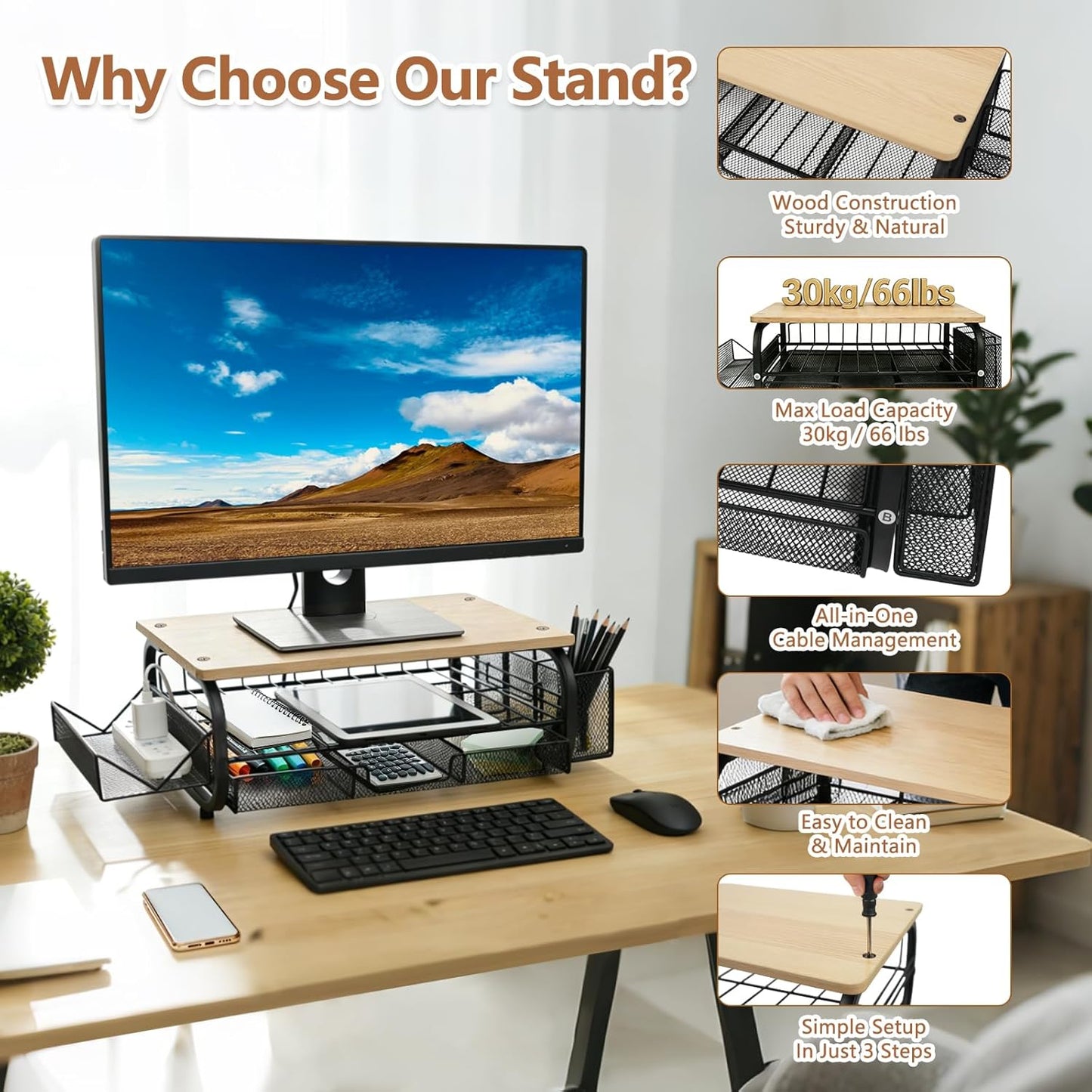 Desk Organizers and Accessories Monitor Riser, Monitor Stand with Drawer (2-Tier Drawers) with Large Side Storage Rack & Cable Management,66LBS/30KG, Office Organization, Walnut Brown