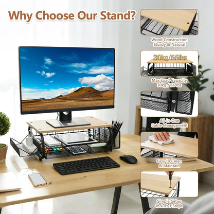 Desk Organizers and Accessories Monitor Riser, Monitor Stand with Drawer (2-Tier Drawers) with Large Side Storage Rack & Cable Management,66LBS/30KG, Office Organization, Walnut Brown