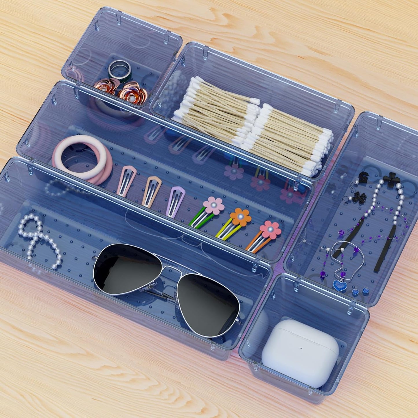 WOWBOX 6 Pack Clear Drawer Organizer Set, Acrylic Drawer Storage Trays, Storage Bins for Makeup, Cosmetics, Jewelries, Utensils, Gadgets, Office