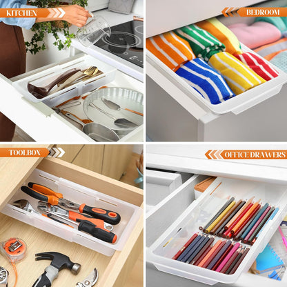 2 Pack Deep Drawer Organizer Bins, Adjustable Sliding Drawer Organizer Bin Expandable Tray for Kitchen Utensils, BBQ Tools, Towels, Durable Plastic Sliding for Easy Storage (17" to 27”)