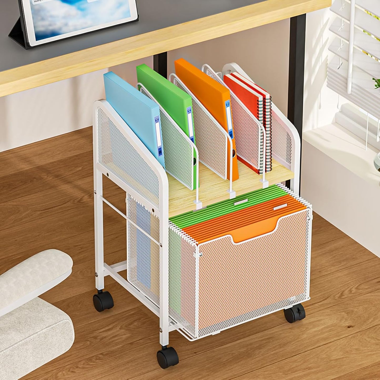 Tiaoheka Rolling File Cabinet with Adjustable Dividers, Vertical Filing Cabinet with Storage Drawer on Lockable Wheels, Hanging File Organizer Beside Under Desk for Office, Home（Patent Pending）