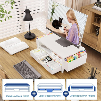 OPNICE Desk Organizers and Accessories, Computer Monitor Stand Riser with Drawer and 2 Pen Holders, Printer & Laptop Stand, Office Desk Accessories & Workspace Organizers for Home Office Supplies, Black