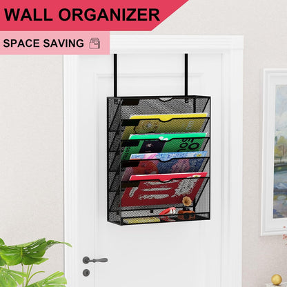 Wall File Organizer Holder Mesh Hanging Paper Document Holder,Vertical 6 Pocket Tier for Office Home, Black
