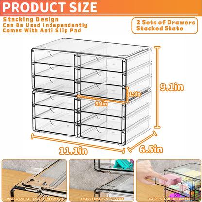 Yieach 2 Pack Acrylic Storage Drawers With 6 Drawers,Stackable Desk Organizer and Makeup Organizer,Large Clear Office Supplies Organizer for Pen,Stationary,Palettes,Arts Craft Organizers and Storage