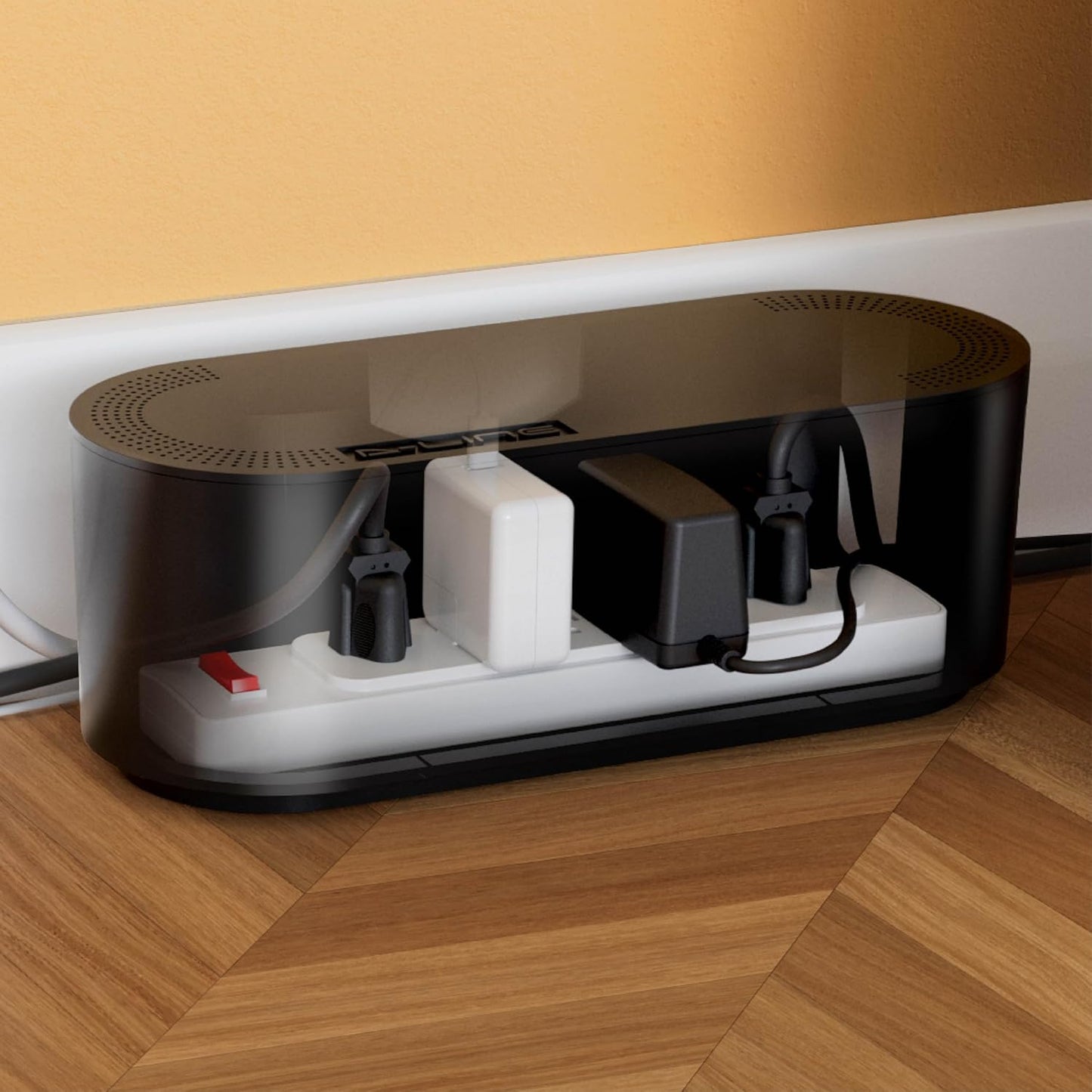 D-Line Cable Management Box, Power Strip Holder, Floor Outlet Hider, Desk Cord Organizer, Cover TV Wires, 12.75" (L) x 5" (W) x 4.5" (H), for use with Power Strips up to 10.5in Length - Small, White
