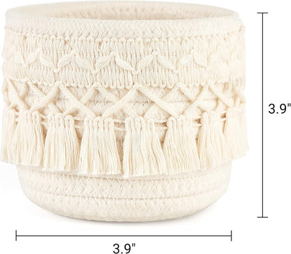 Mkono Macrame Makeup Brush Holder Organizer Comb Brushes Mini Storage Basket Set of 2 Boho Decor Baskets for Pen Pencil Box Container ,Ivory