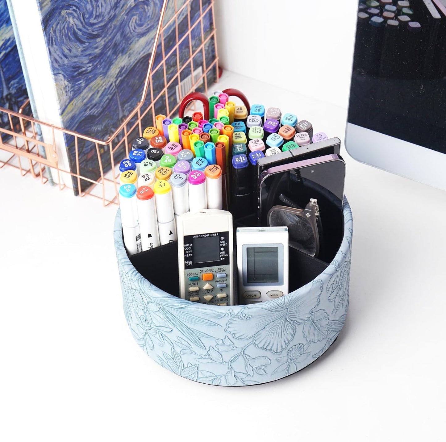 Hennaja Round Leather Art Supply Organizer,Remote Control Holder,360 Degree Rotating,Multi-Functional Pencil Holder,4 Compartments Desktop Stationary Organizer(1-Blue Bird) - Colors C