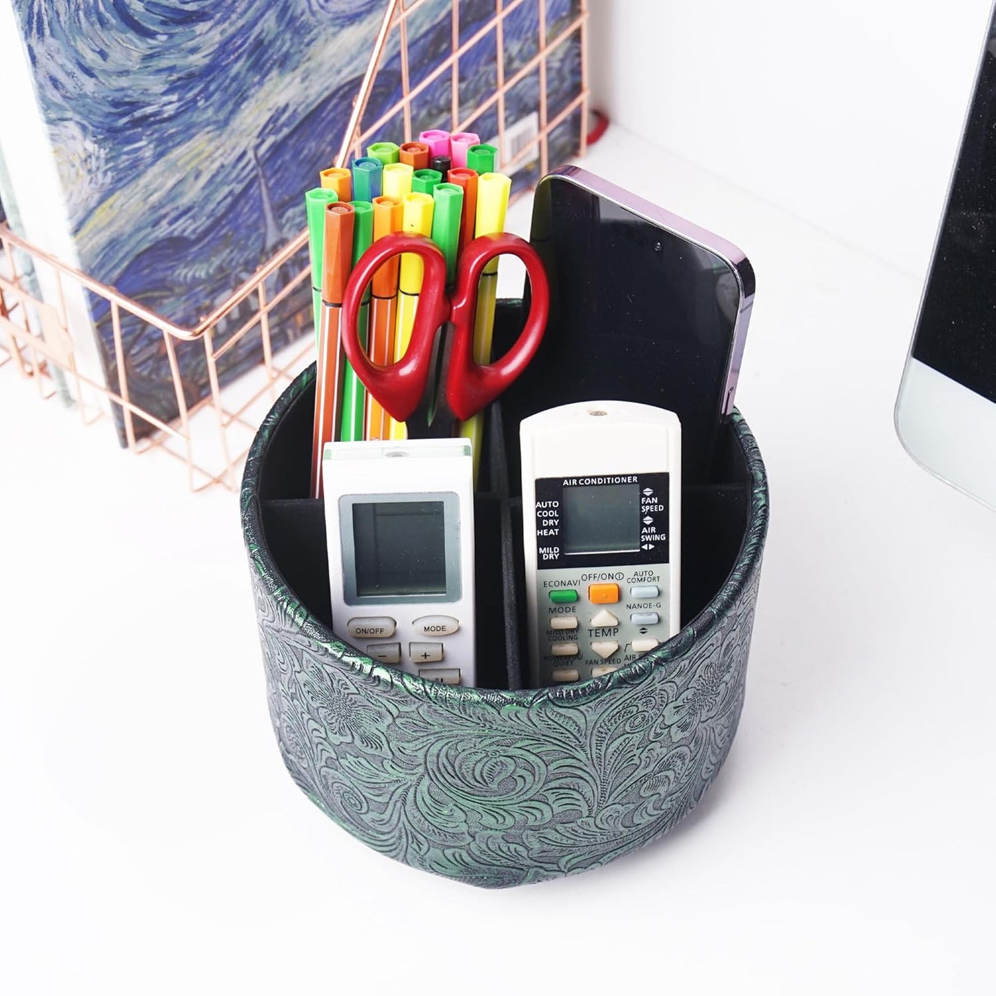 lizimandu Round Leather Art Supply Organizer,Remote Control Holder,360 Degree Spinning,Multi-Functional Pencil Holder,4 Compartments Desktop Stationary Organizer(1-Gold) - Colors B