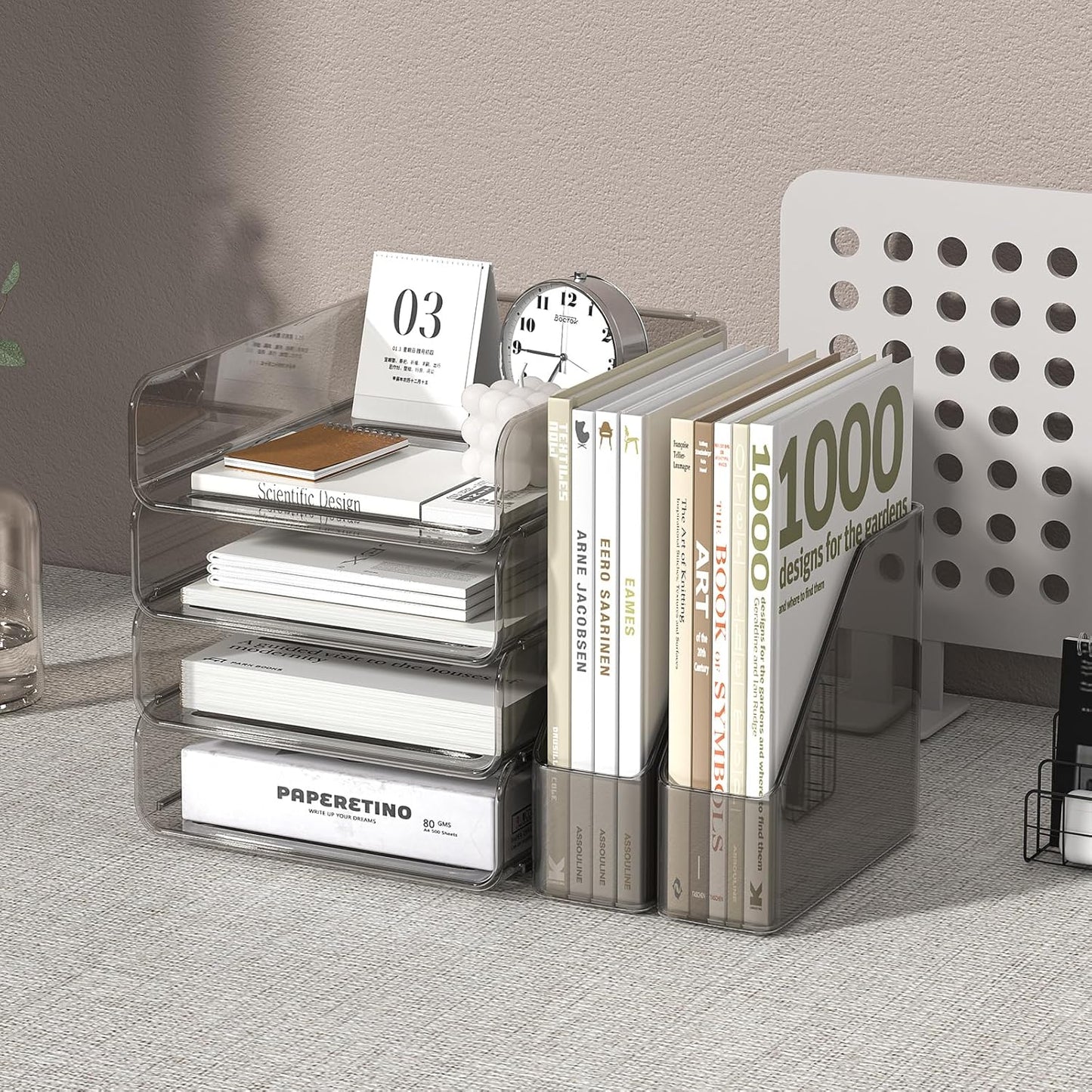 FANXIYQ 4-Tier Horizontal Acrylic Paper Tray Organizer with Bookends | Clear Stackable Desk Organizer for Documents, Letters, A4 Paper | Modern Office/Classroom/Home Organization