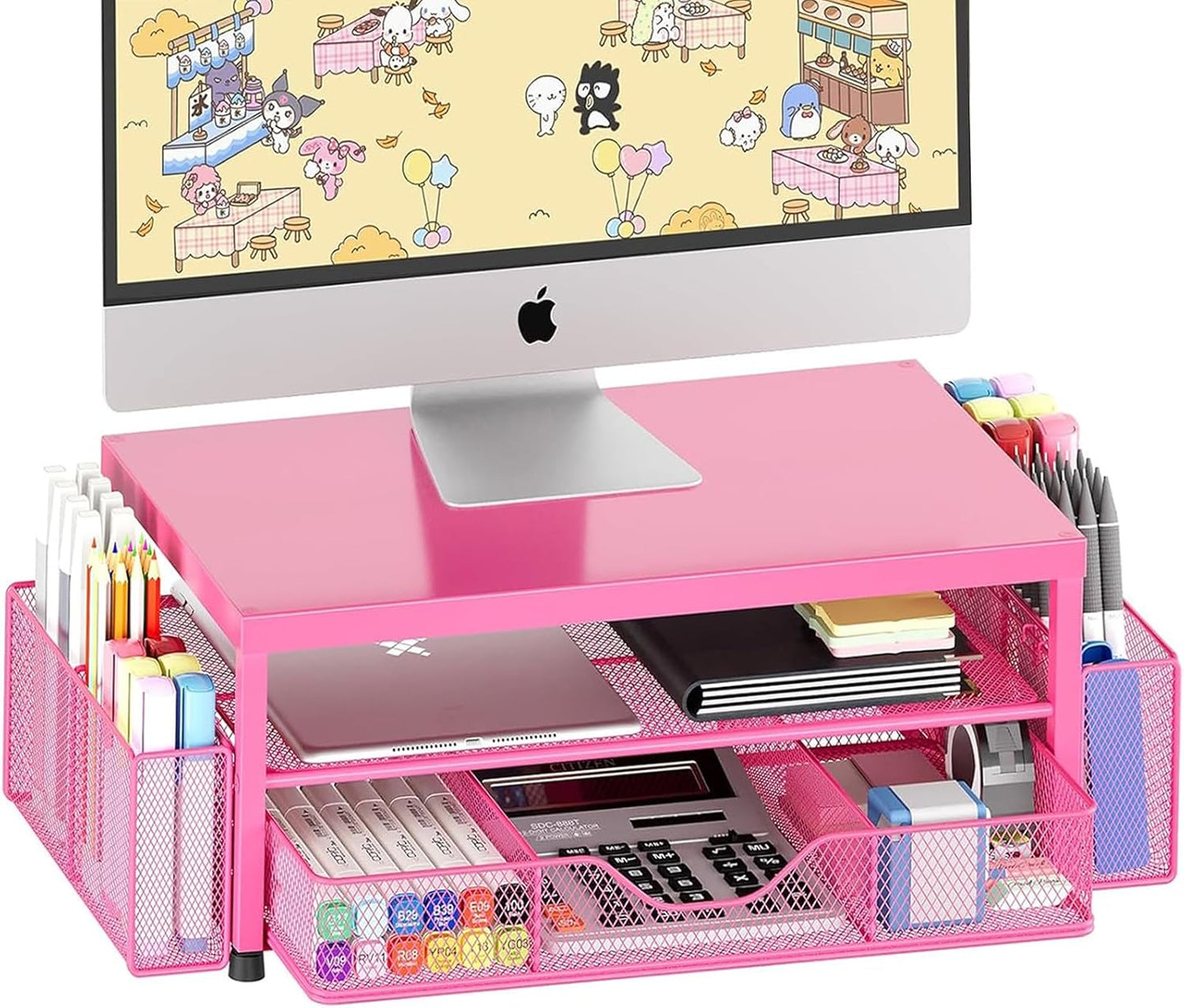 OPNICE Desk Organizers and Accessories, Computer Monitor Stand Riser with Drawer and 2 Pen Holders, Printer & Laptop Stand, Office Desk Accessories & Workspace Organizers for Home Office Supplies, Black
