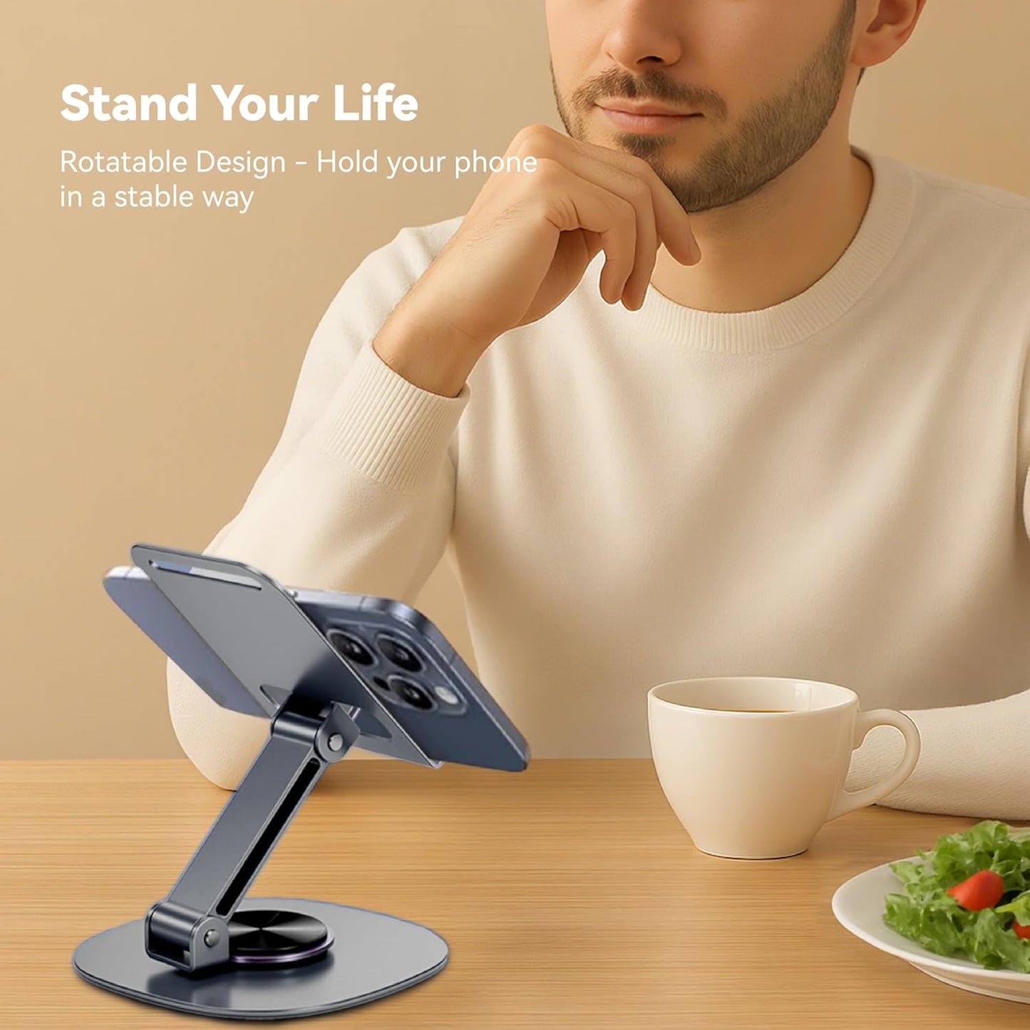 360° Rotating Metal Phone Stand - Adjustable Mobile Kickstand for All Smartphones, Compatible with iPhone, Samsung & More - Ideal for Desk, (Silver Gray)