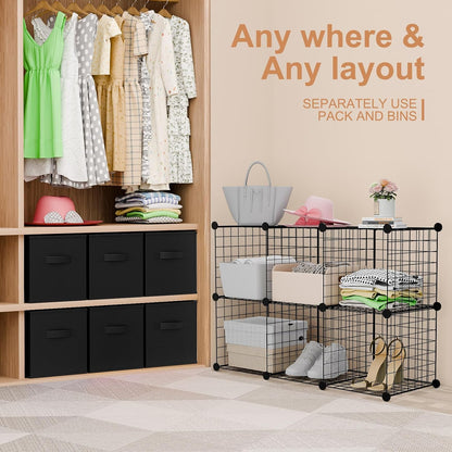 Leinuosen 6 Cube Storage Organizer with Fabric Bins, Wire Grid Stackable Shelves, Modular Storage Units for Bedroom Living Room Office Toys Book Craft(Black,Gray)