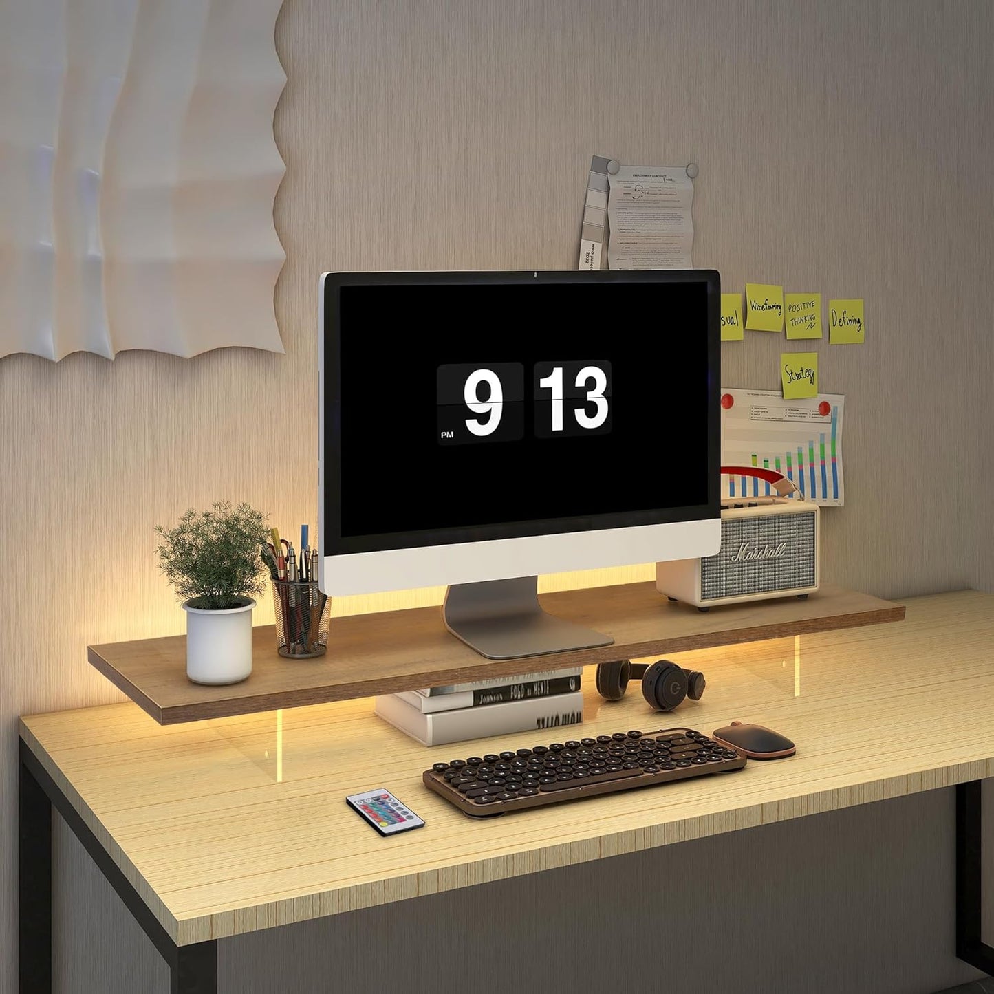 Monitor Stand Riser,Wood & Acrylic Computer Monitor Stand with LED Light,Desk Accessories Desktop Organizer Stand for Computer,Laptop,Printer,PC & TV Screen Riser