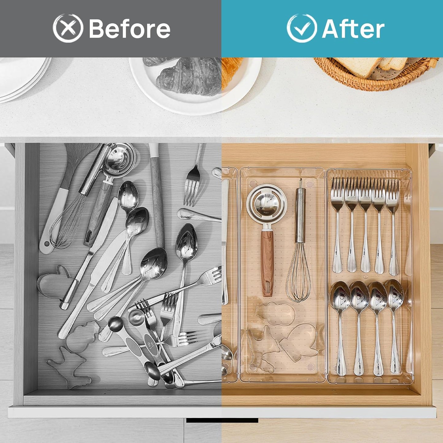 Vtopmart 4 Pack 15" X 6" Kitchen Drawer Organizers, Clear Plastic Drawer Organizer Tray, Storage Bins for Flatware, Silverware, Utensil, Cutlery