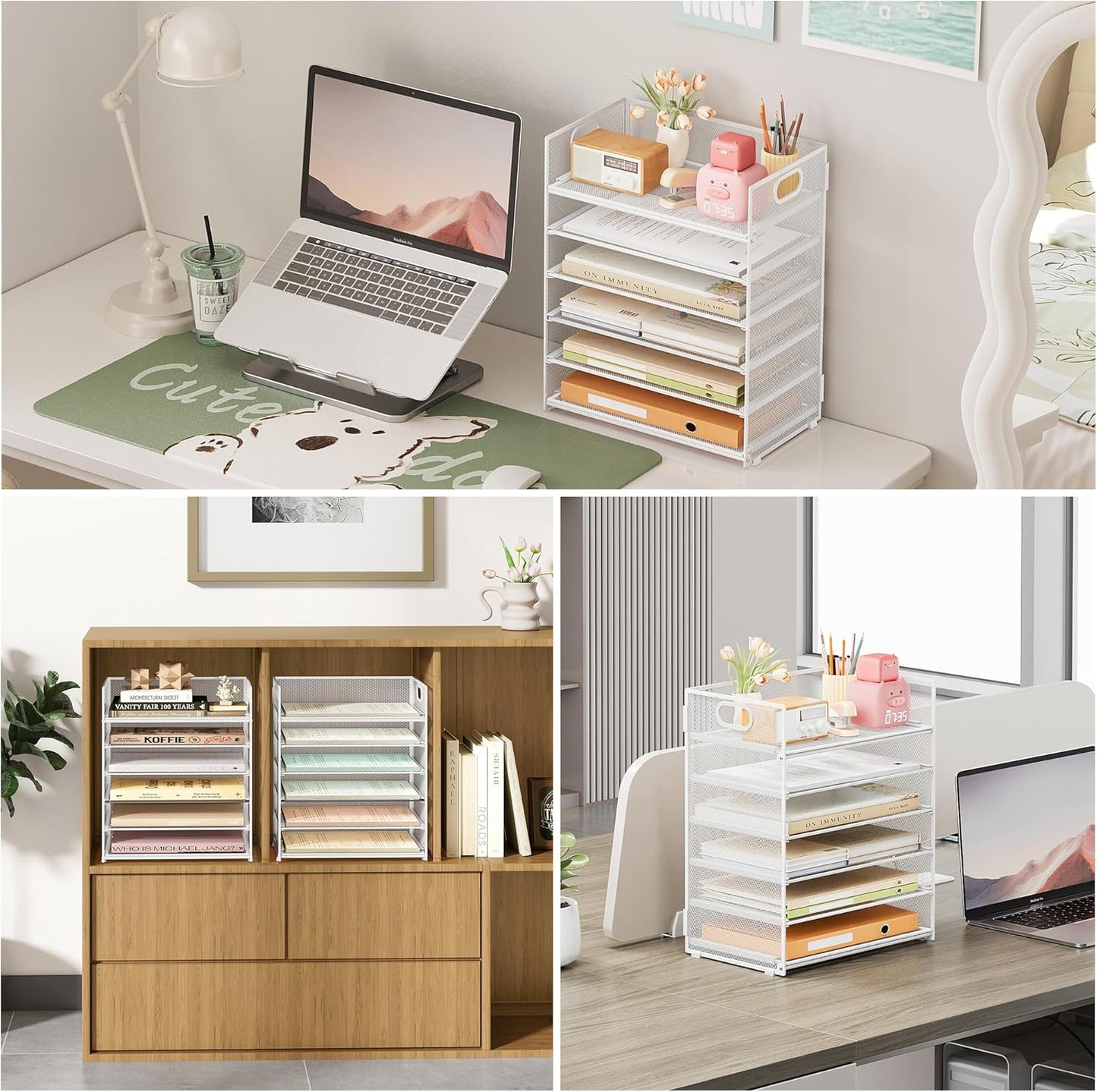 Subekyu 6 Tier Office File Paper Desk Tray Organizer with Handle, Stackable Slide Mesh Letter Tray Folder Blue Desk Organizer, Desktop Document Sorter for Classroom, Office, Home Supplies Storage