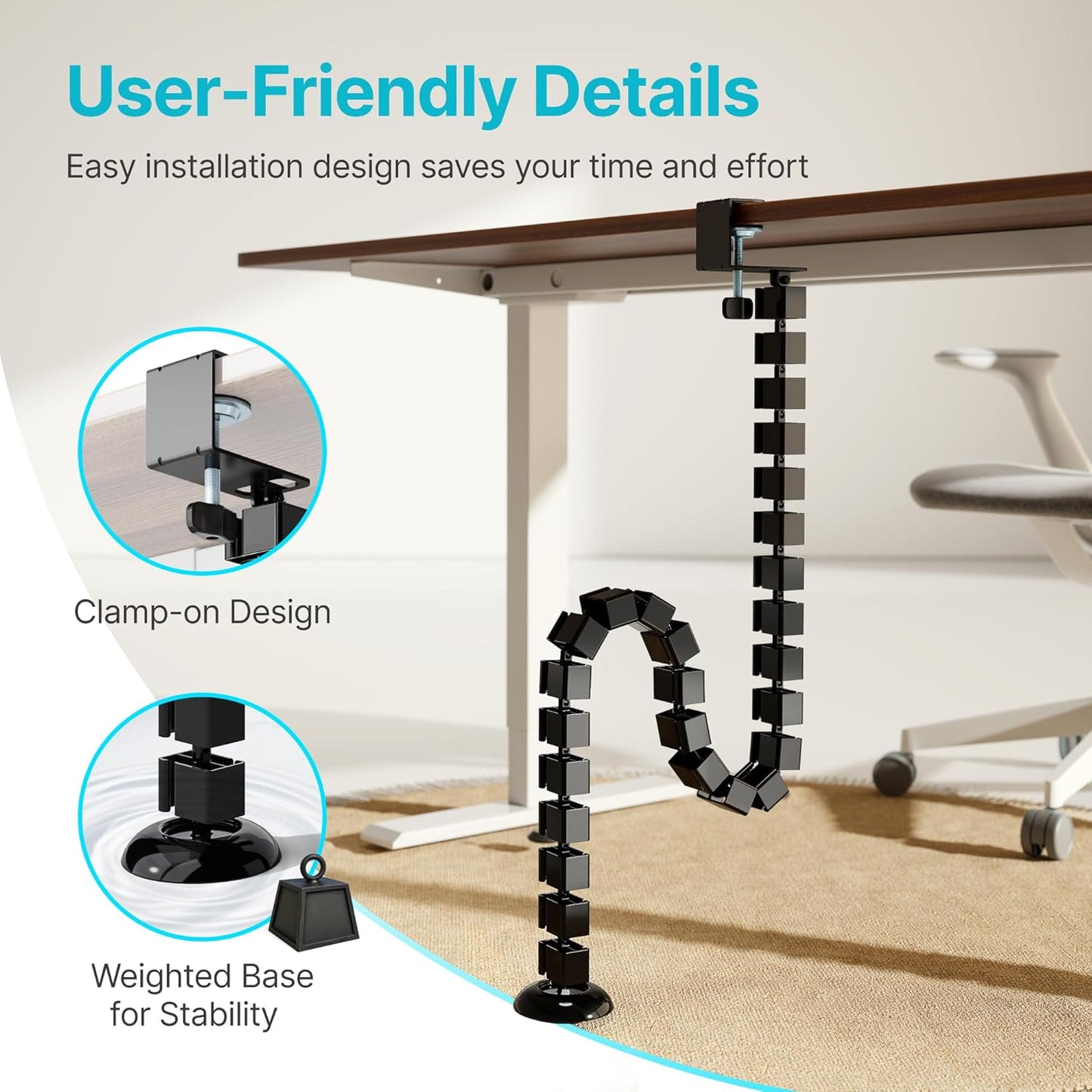 PEGZONE Under Desk Cable Management Spine – Flexible Cable Snake Organizer for Standing Desk, Tool-Free Magnetic Vertebrae Wire Management for 0.4"-2" Table, White