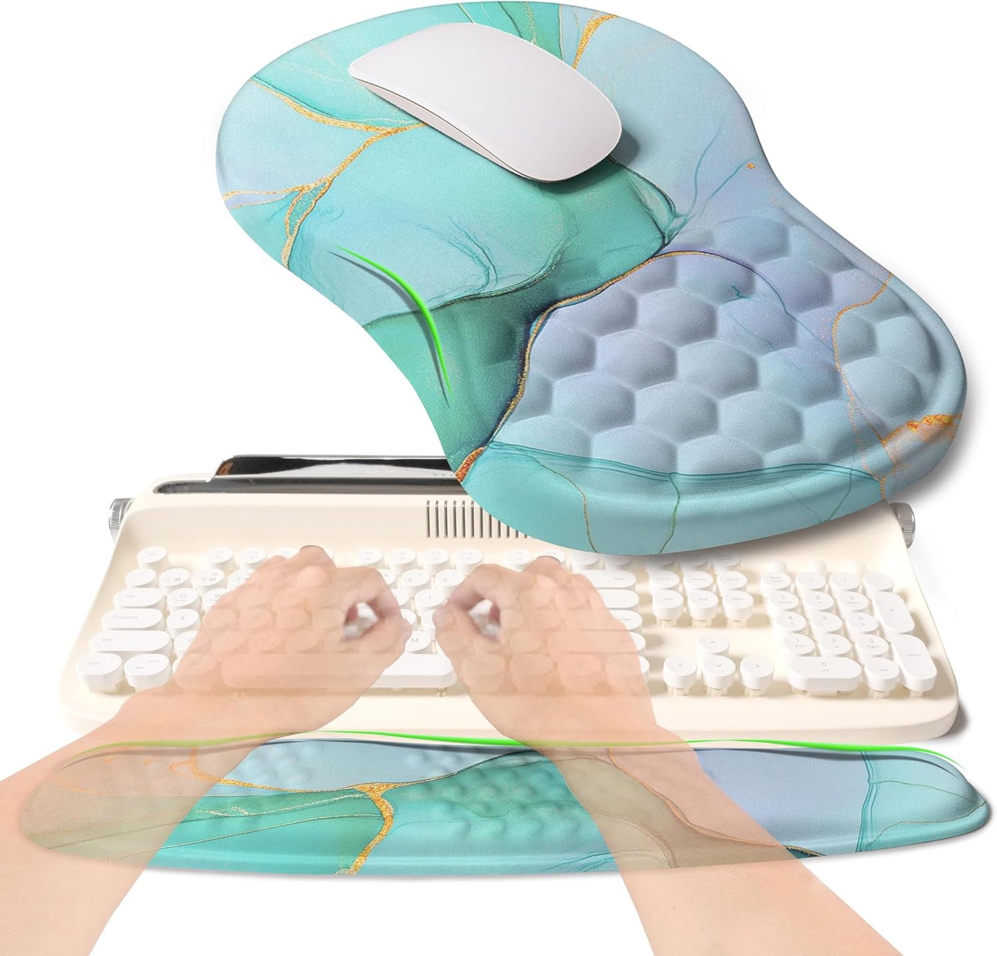 2-in-1 Ergonomic Set, Wave Rise Keyboard Wrist Rest and Massage Bulge Slope Mouse Pad Wrist Support, Cushion Memory Foam Integrated to Relieve Wrist Pain, Black
