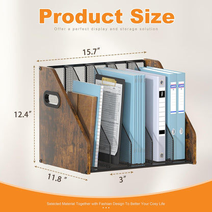 Piskyet Binder Organizer for Desk,Wooden Desk Magazine File Holder with 5 Vertical Compartments Rack File Organizer for Teacher Office Desktop,Home Workspace