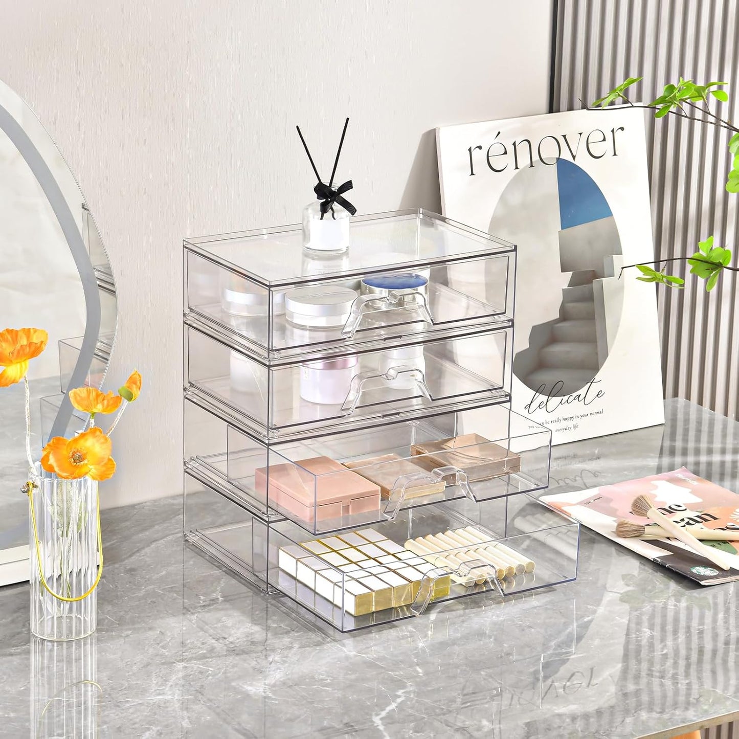 Stebopum 6 Pack Stackable Makeup Organizer, 4.4'' Tall Acrylic Bathroom Makeup Organizer and Storage Drawer with Pull-out Handle, Clear Plastic Storage Bins for Vanity,Pantry,Desk,Undersink,Kitchen