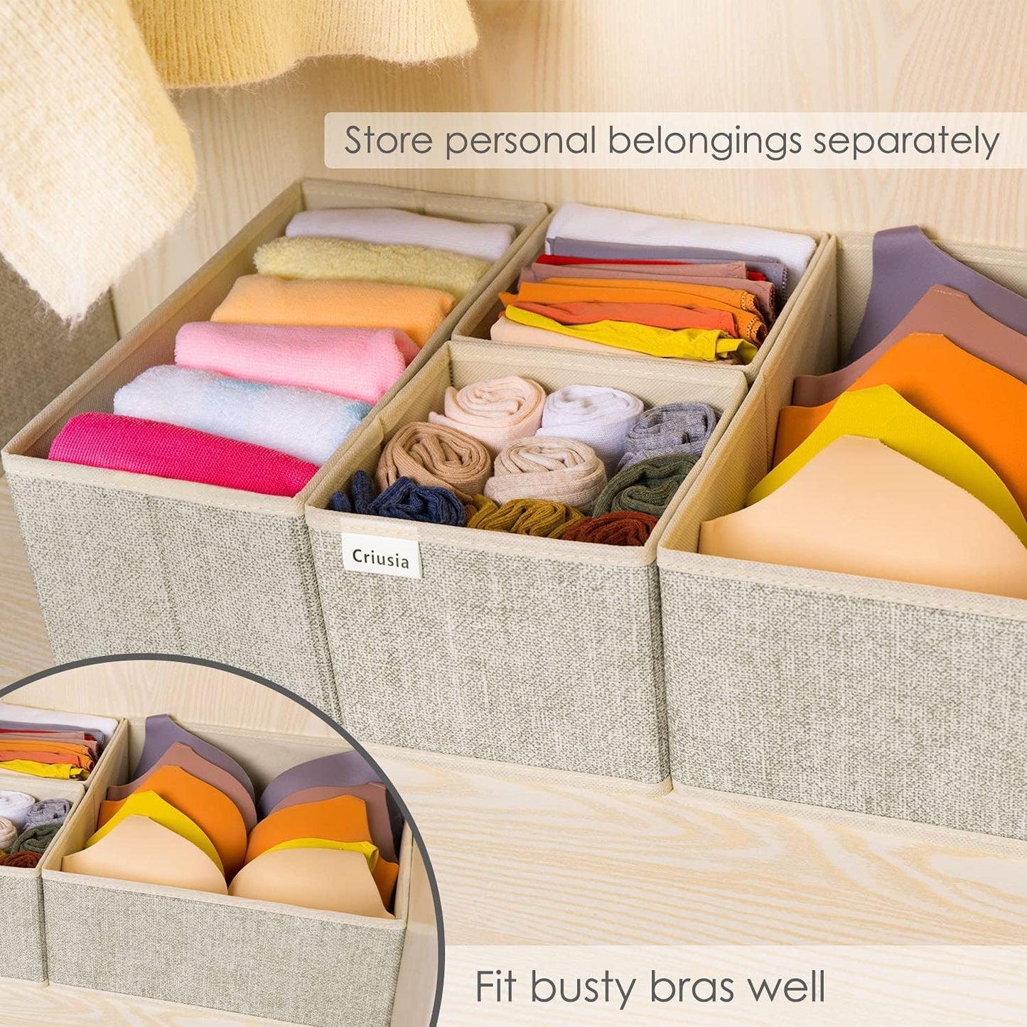 Criusia Foldable Underwear Drawer Organizer, Closet Dividers, Storage Box for Clothes, Socks (6 Bins, Gray)