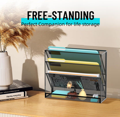 SUPEASY 5 Tier Wall File Organizer, Hanging Wall Mounted Mail Organizer with Label Slots, Metal Mesh File Holder Magazine Rack for Office, Home, School or Classroom, Black