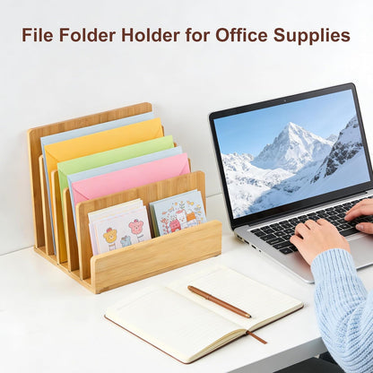 Bamboo Desk File Organizer, 5-Section Vertical Mail Sorter, Home Office Desktop Holder for Folders, Letters, Envelopes, Bills, Documents Storage