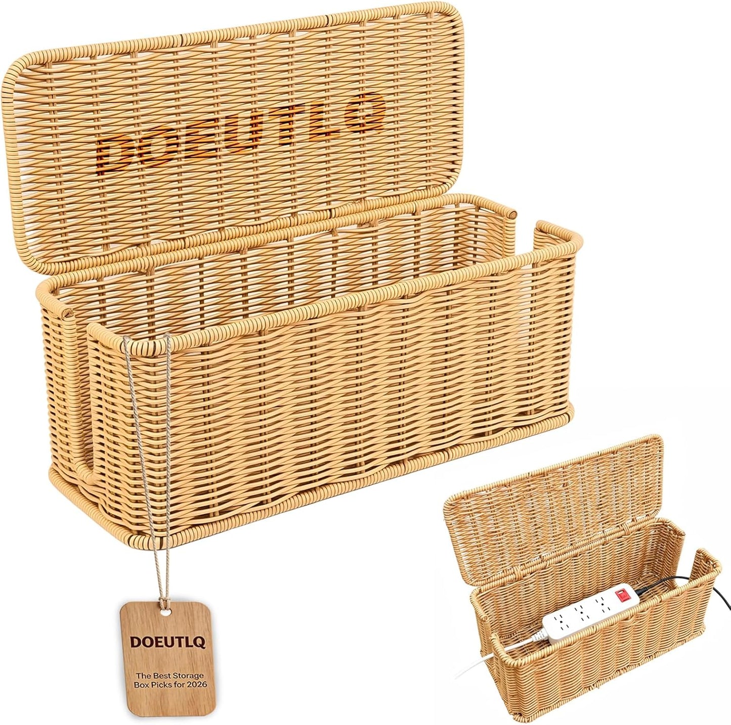 Desk Organizer Decorative Rattan Decor Countertop Cable Management Box Charging Station for Appliances Cord Hider Office Storage Router with Lid Under Wire Tech Basket Extension Phone Cute Handmade