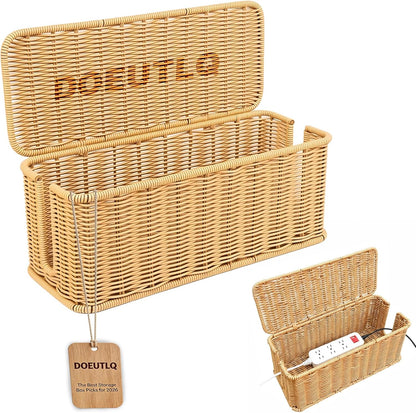 Desk Organizer Decorative Rattan Decor Countertop Cable Management Box Charging Station for Appliances Cord Hider Office Storage Router with Lid Under Wire Tech Basket Extension Phone Cute Handmade