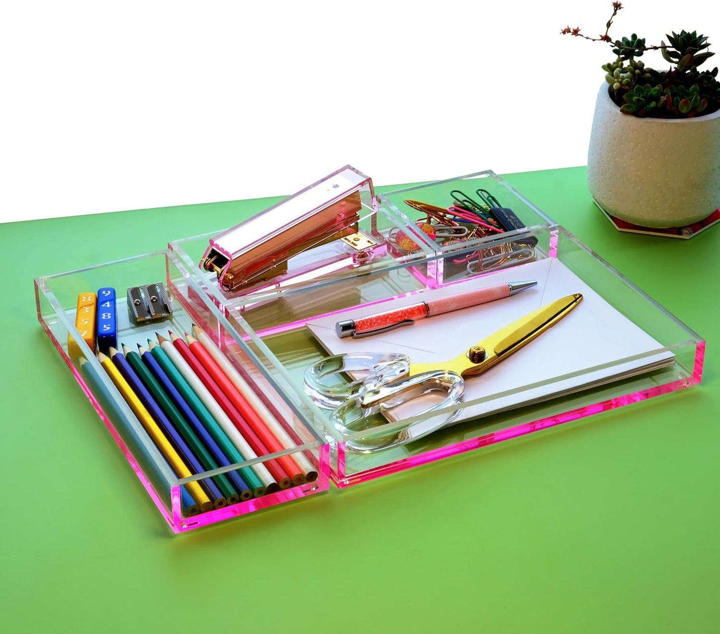 Clear Acrylic Desk Organizer for Office or Home Desk Drawer Dividers, Makeup Vanity Storage Bins, Stackable 4-Pack, Acrylic Accessory and Half Accessory Tray/Small Tray
