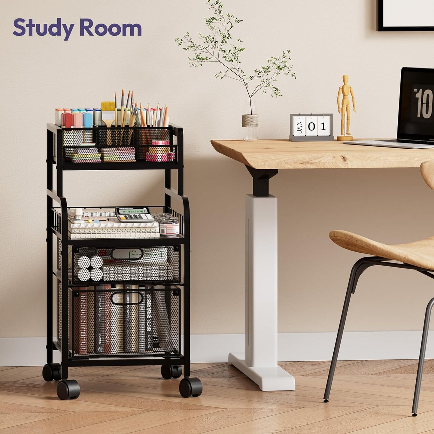 SWTYMIKI Rolling Cart with Drawers - Metal Utility Cart with Wood Shelf, DIY Divider and Locking Wheels, Craft & Art Cart Organizer for Under Desk Storage for Home Office Studio, Espresso
