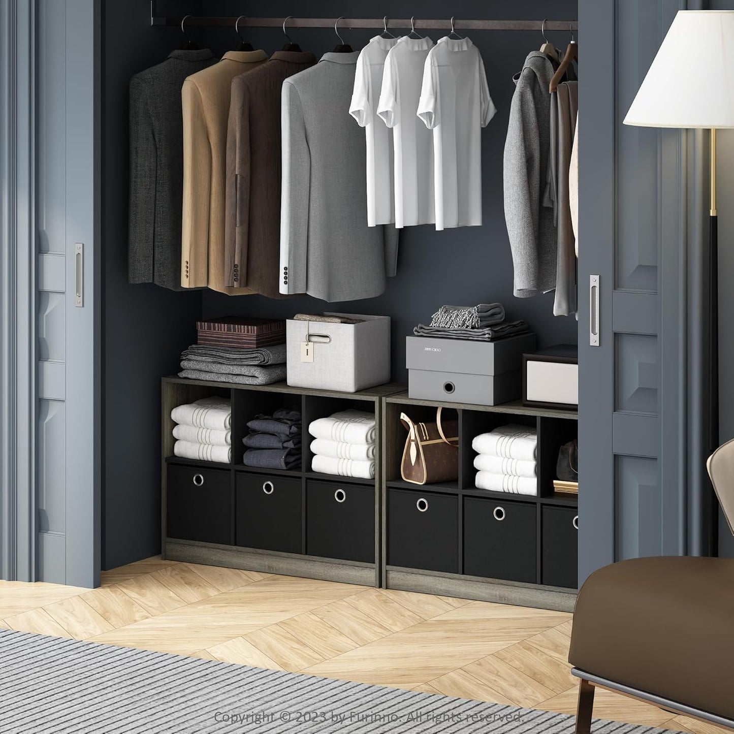 Furinno Cubic Closet Organizers and Storage, 6-Cube Closet Organizer with Bins, Open Shelf Storage, for Wardrobe, Bedroom, Living Room, White