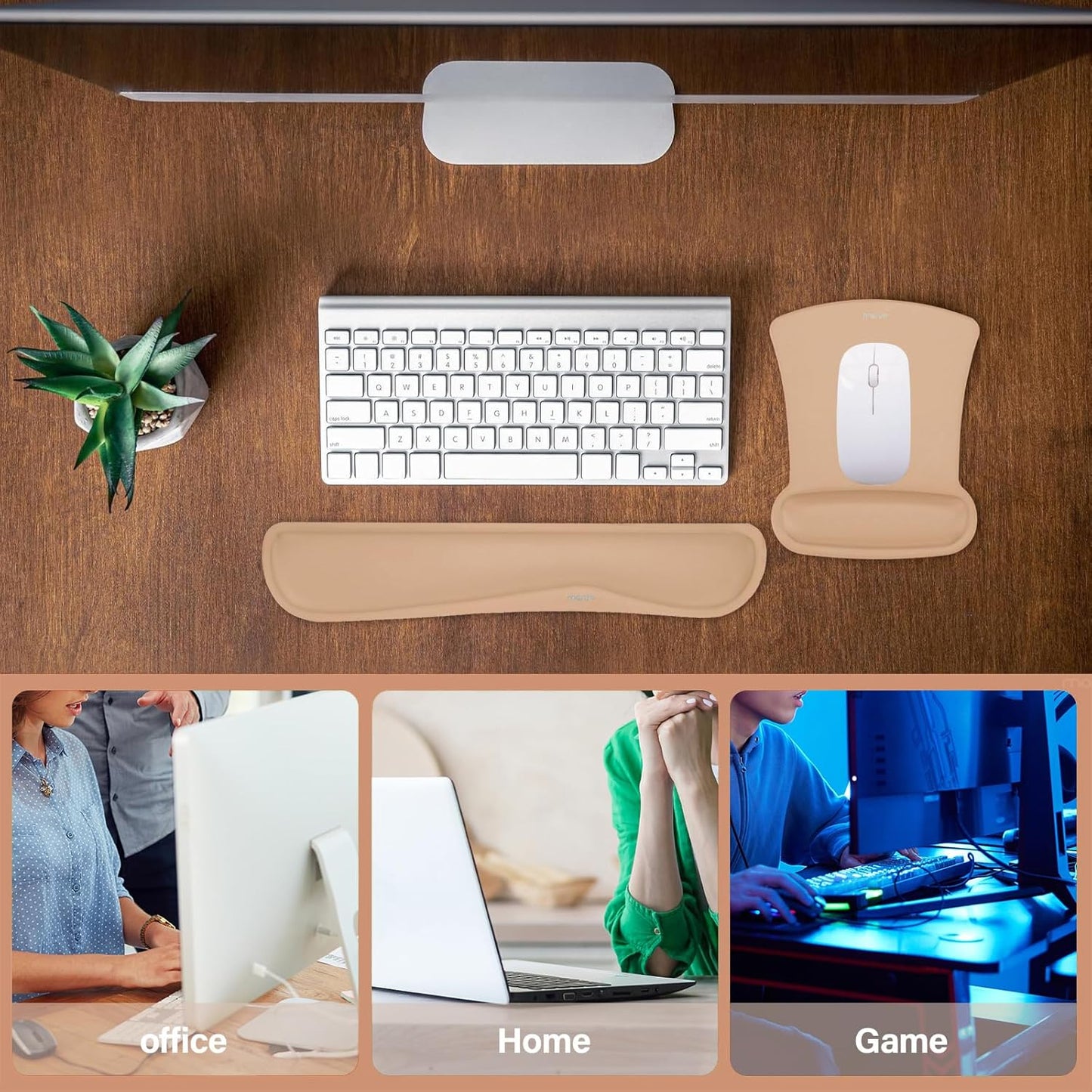 MOSISO Wrist Rest Support for Mouse Pad & Keyboard Set, Ergonomic Mousepad Non-Slip Base Home/Office Pain Relief & Easy Typing Cushion with Neoprene Cloth & Raised Memory Foam, Apricot