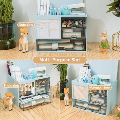 QIYVLOS Desk Organizer with 3 Drawer, Multi-Functional Pencil Pen Holder for Desk, Desk Organizers and Storage with 8 Compartments, Desktop Organizer for Office Home Art Supplies (White)