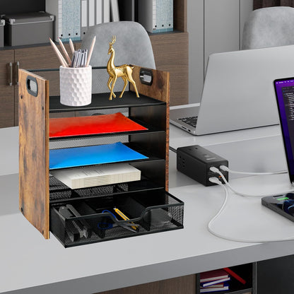 Wood Desk Organizer - 3-Tier Desktop File Organizer with Drawer, Wooden Paper Tray, Office Desk Organzier and Accessories for Papers, Mail, Notebooks, Stationery