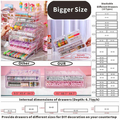 Cq acrylic Drawer Organizer with 3 Long Drawers,Stacking Office Supply Organizer and Desk Pen Storage and Stationary Organizer,Clear Makeup Storage Organizer for Palettes,Cosmetic, Beauty for Vanity