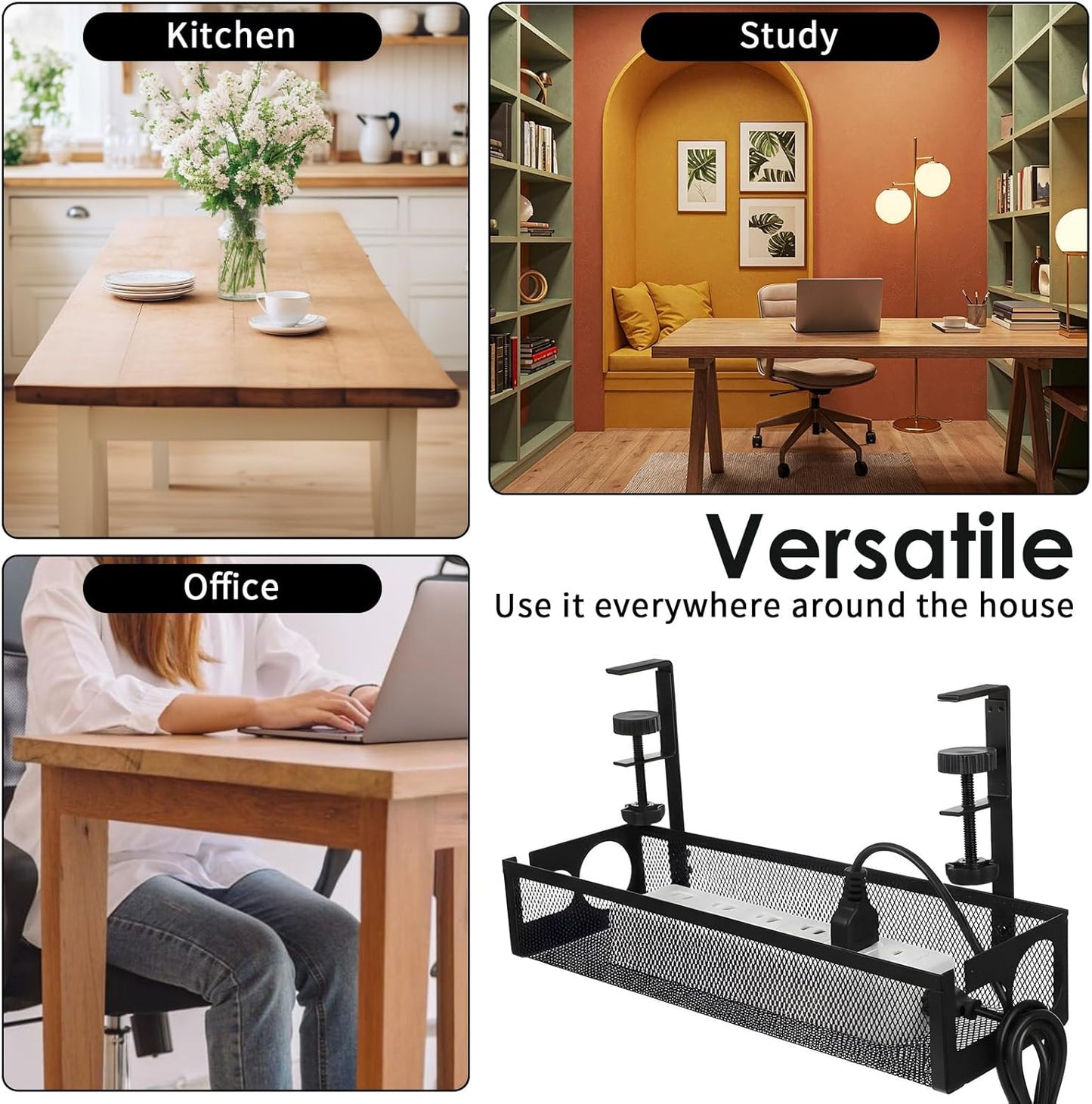 2 Pack Under Desk Cable Management Tray, 15 Inch No Drill Metal Mesh Organizer with Hybrid Side Slots, Wire Holder Storage Rack for Office Home Desk