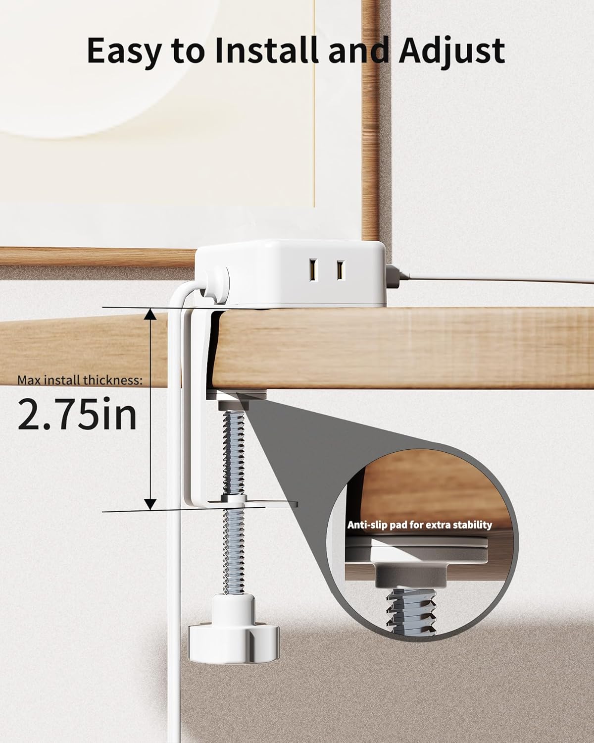 HOPOW Desk Clamp Power Strip, Desktop Mount Charging Station with 4 Outlets 4 USB Ports (2 USB C), 10Ft Under Desk Power Strip, Fits 2.75" Tabletop Edge, Extension Cord for Home Office, Black
