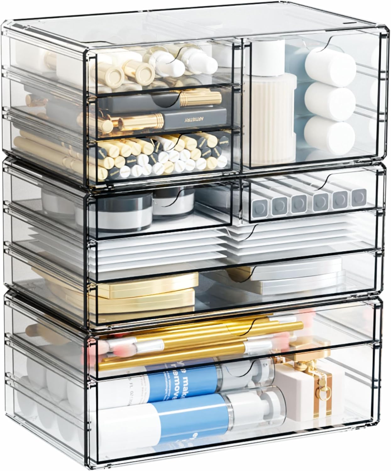 Yieach 2 Pack Acrylic Drawer Organizer With 6 Drawers,Stackable 11.1” Large Clear Storage Drawers and Makeup Organizer For Vanity,Bathroom Countertop,Cabinet,Pantry,Office Supply Storage Bins Drawers