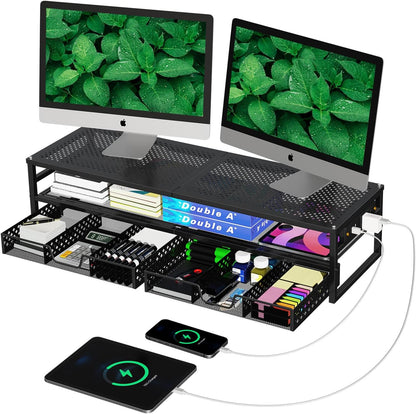 Simple Trending 2 Tier Metal Monitor Stand Riser with USB 2.0 and Charging Prot , Computer Office Desktop Organizer for 2 Monitors with 2 Drawer Storage and Reusable Cable Ties for Printer, TV, Black