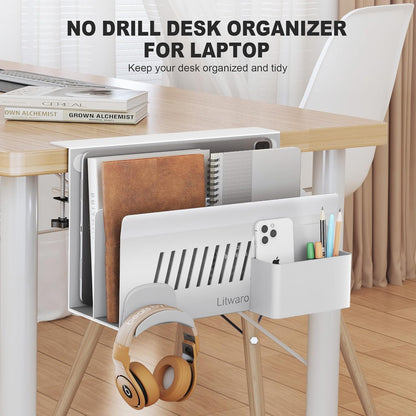 Litwaro Desk Side Storage Organizer, 2 Tier Under Desk Laptop Holder No Drill, Laptop Mount with Magnetic Pen Holder, Hanging Desk Organizer Fits Flat Edge Desks 0.4" to 2.1" (White)