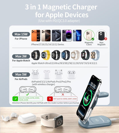 3 in 1 Magnetic Wireless Charging Station for Apple Devices, Fast Foldable Travel Mag-Safe Charger Stand with Night Light for iPhone 17 16 15 14 13 12 Series, Apple Watch/AirPods Pro, BU