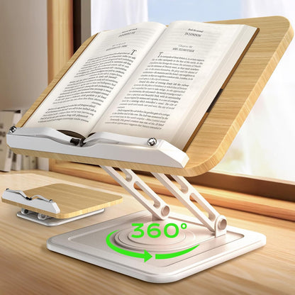 Book Stand for Reading, Adjustable Book Holder with 360°Rotating Bases, Ergonomic Cookbook Stand Recipe Book Holder with Elastic Page Clips for Magazines, Tablets, Laptops,Black