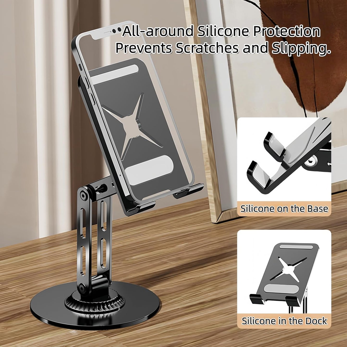 All-Metal Cell Phone Stand 360° Rotatable & Height Adjustable - 25KG Super Load-Bearing, Foldable Desk Stand for Phone, Compatible with iPhone 17/16/15/14, Nintendo Switch, Silver