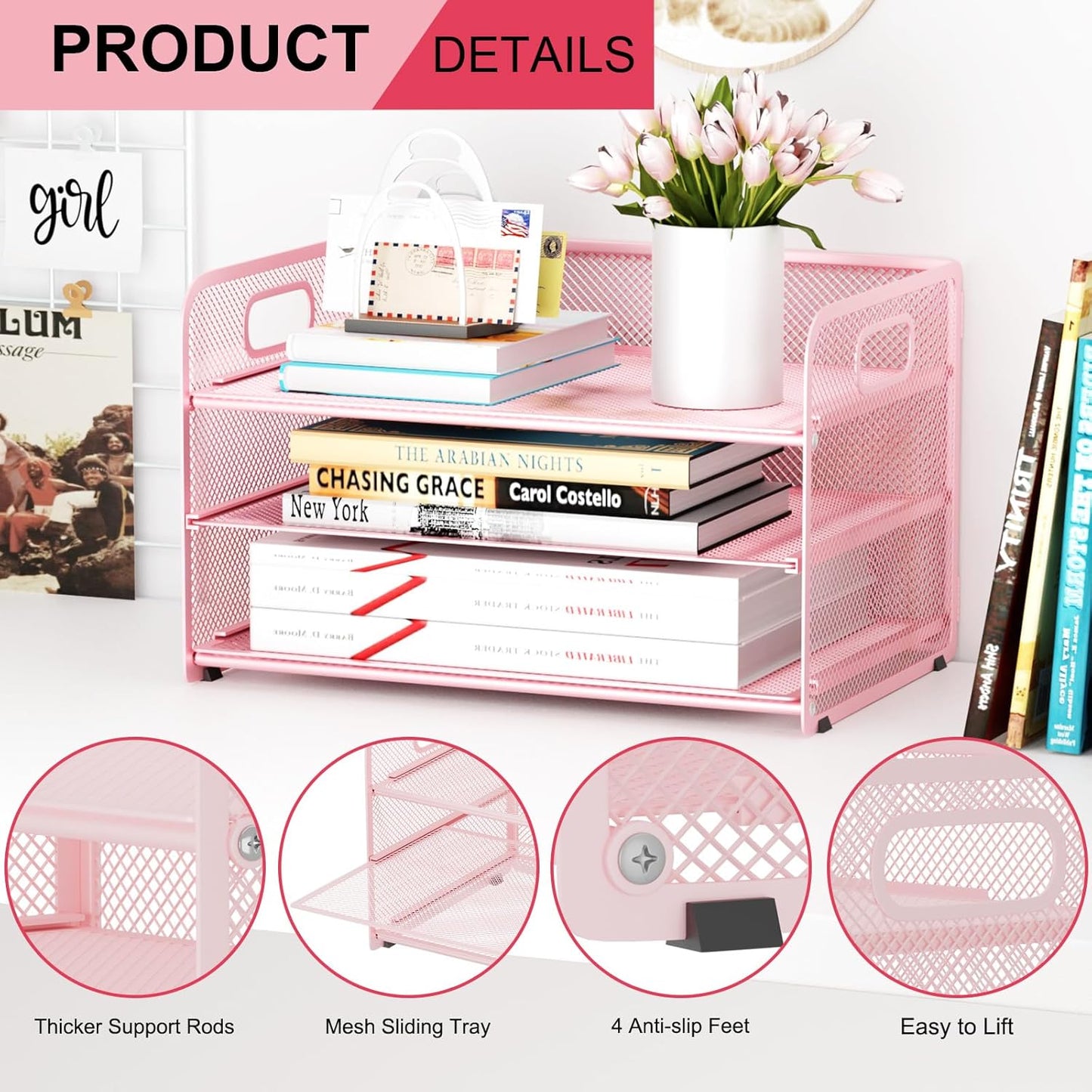 3 Tier Paper Letter Tray Organizer for Desk, Mesh File Folder Document Organizer with Handle for Home Office Supplies Desktop Accessories, Black