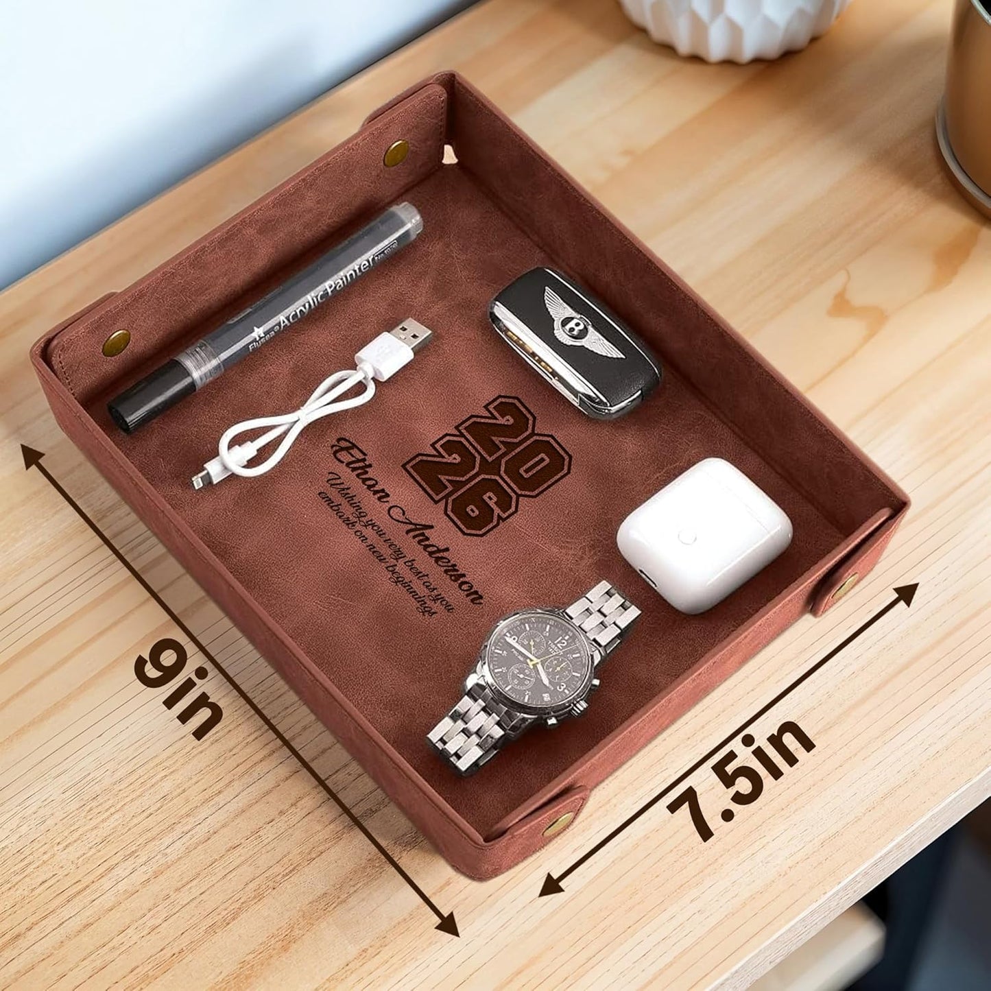 Engraved Leather Valet Tray for Men – Personalized Catchall with Custom Name for Desk, Dresser, Nightstand – Men's Organizer Tray for Keys, Wallet, Jewelry, Personalized Gift for Home, Office - Coffee