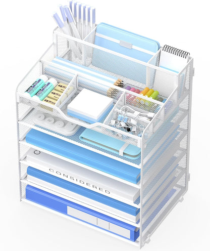 5 Tier Mesh Desk Organizer,Multi Functional Letter Paper Tray with 3 Pen Holders and 5 Adjustable Storage Compartments for Office Supplies Files and Mail Space Saving Desktop Organizer-Black